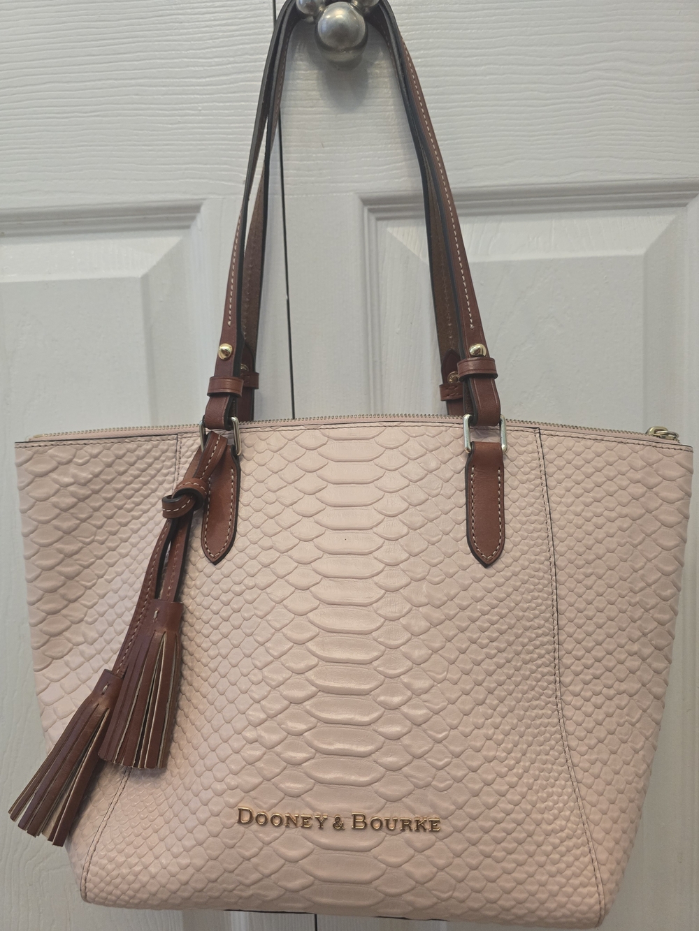 Dooney & Bourke Blush Pink Snake-Embossed Tote with Brown Leather Handles
